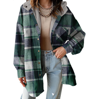 Cozy Plaid Shacket for Women with Hooded Collar Long Sleeve Flannel Button Front Oversized Style