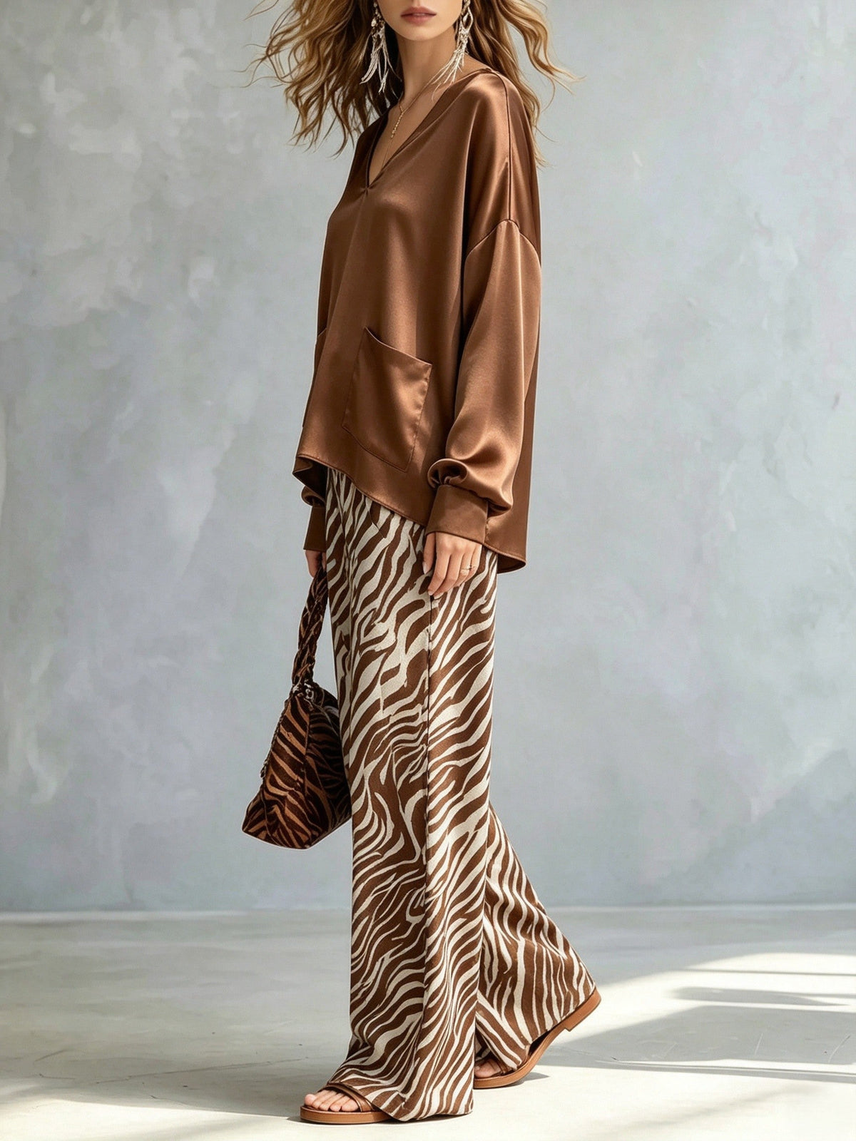 Stylish Brown Satin Two Piece Set for Women with V Neck Top Zebra Print Wide Leg Pants Statement Style