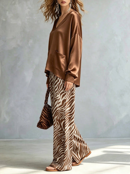 Stylish Brown Satin Two Piece Set for Women with V Neck Top Zebra Print Wide Leg Pants Statement Style