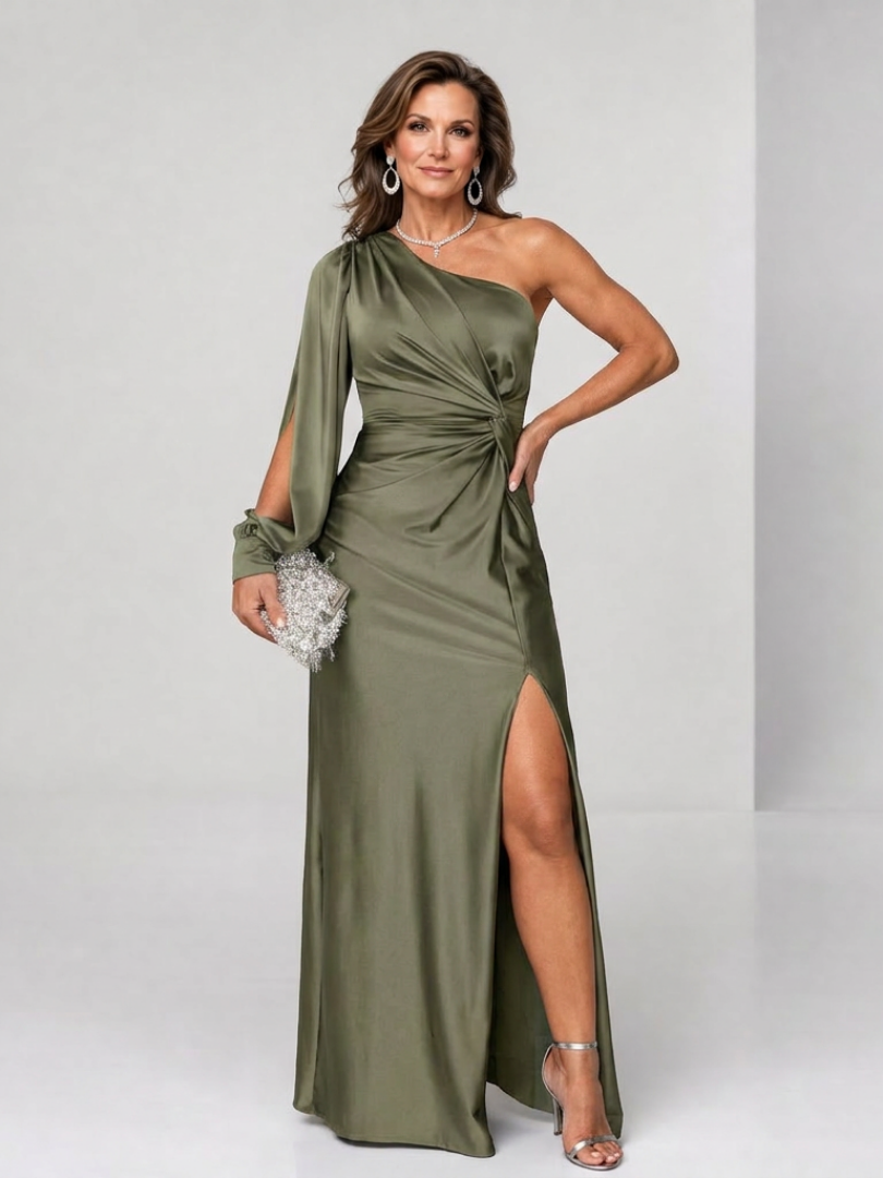 Elegant Satin Maxi Dress for Women with One Shoulder Split Sleeve Draped Waist Side Slit Formal Wedding Guest Style