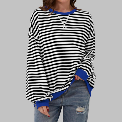 Comfortable Striped Sweatshirt for Women with Crew Neck Long Sleeve Contrast Trim Oversized Style
