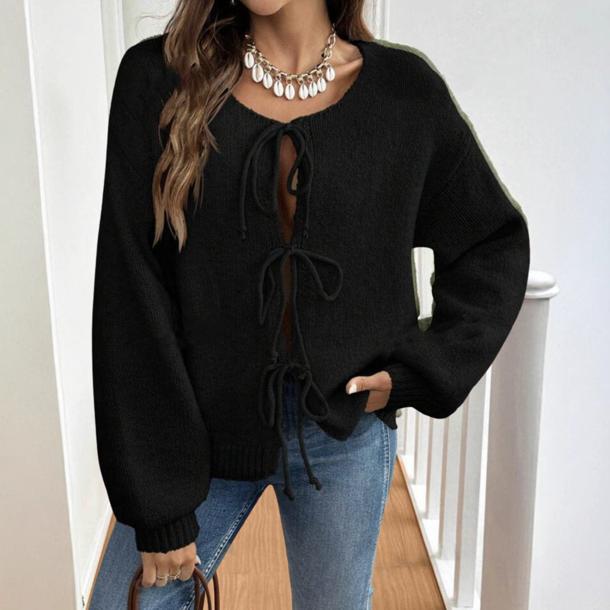 Cozy Knit Cardigan for Women with Round Neck Long Sleeve Tie Front Relaxed Style