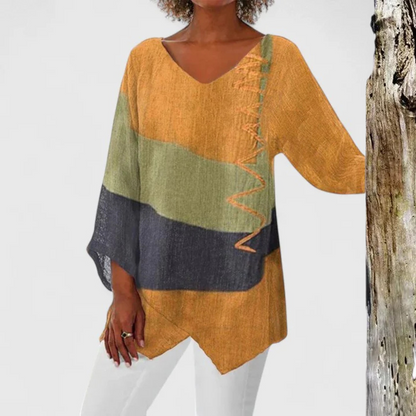 Effortless Colorblock Linen Tunic for Women with V Neck Batwing Sleeve Asymmetric Hem Bohemian Style