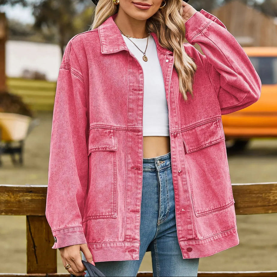Effortless Denim Jacket for Women with Spread Collar Long Sleeve Button Front Washed Oversized Style