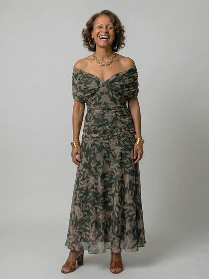 Elegant Midi Dress for Women with Off Shoulder V-Neck Floral Print Ruched Waist Formal Wedding Guest Style