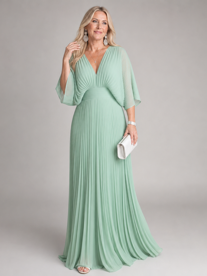 Elegant Purple Dress for Women with V Neck Flutter Sleeve Pleated Flowing Wedding Guest Style