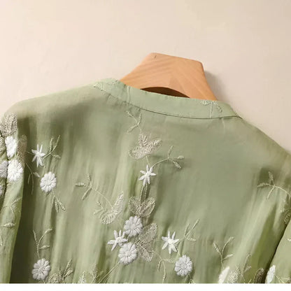 Elegant Floral Embroidered Blouse for Women with Stand Collar Elbow Sleeve Layered Ruffle Hem Style