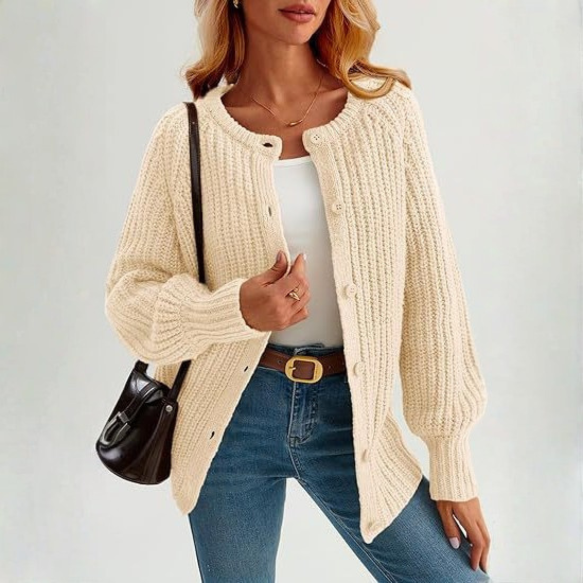 Cozy Knit Cardigan for Women with Round Neck Long Sleeve Button Front Ribbed Relaxed Style