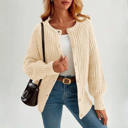 Cozy Knit Cardigan for Women with Round Neck Long Sleeve Button Front Ribbed Relaxed Style