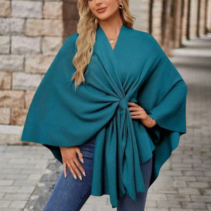 Elegant Knit Poncho for Women with V Neck Batwing Sleeve Tie Waist Wrap Style