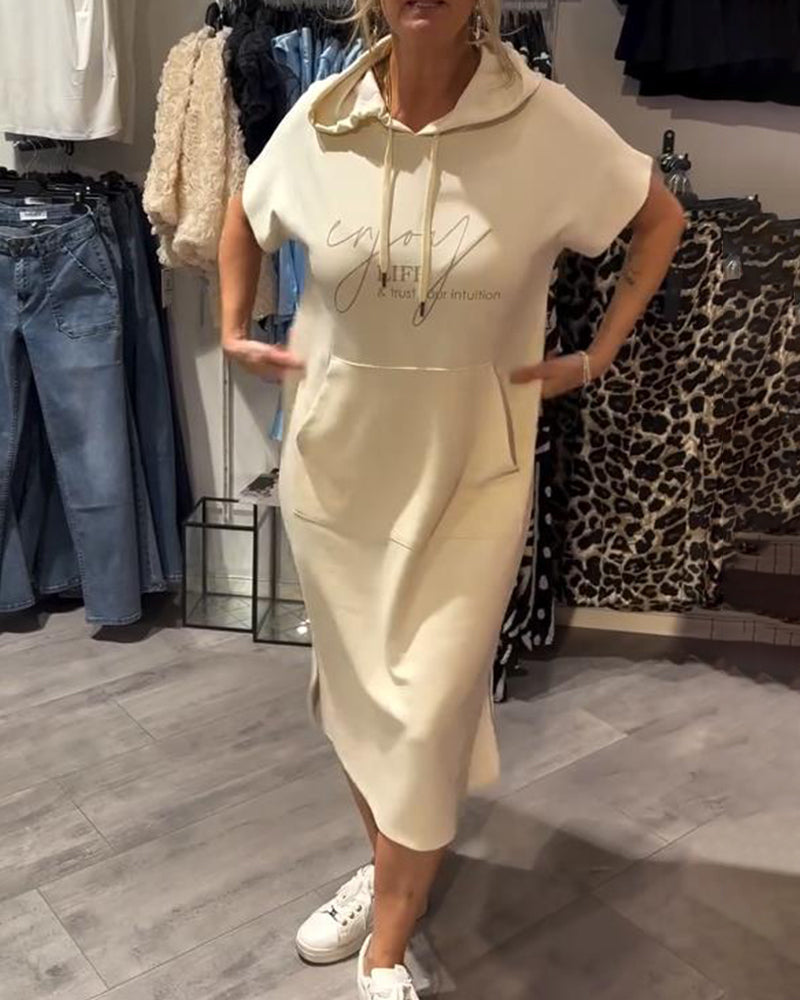 Comfortable Orange Hoodie Midi Dress for Women with Drawstring Hood Short Sleeve Kangaroo Pocket Relaxed Style