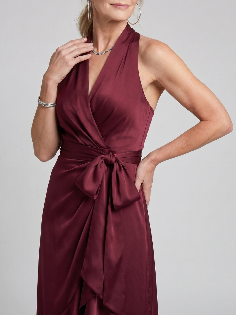 Elegant Champagne Satin Cocktail Dress for Women with Halter Neck Sleeveless Wrap High Low Style