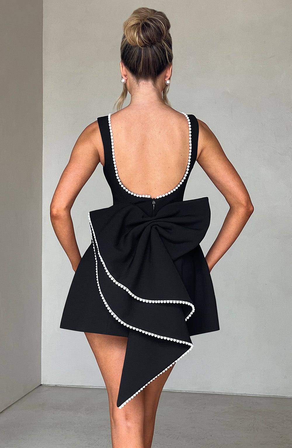 Elegant Pearl Trim Mini Dress for Women with Bateau Neck Sleeveless Bow Back Fit Flare Style