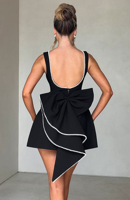Elegant Pearl Trim Mini Dress for Women with Bateau Neck Sleeveless Bow Back Fit Flare Style