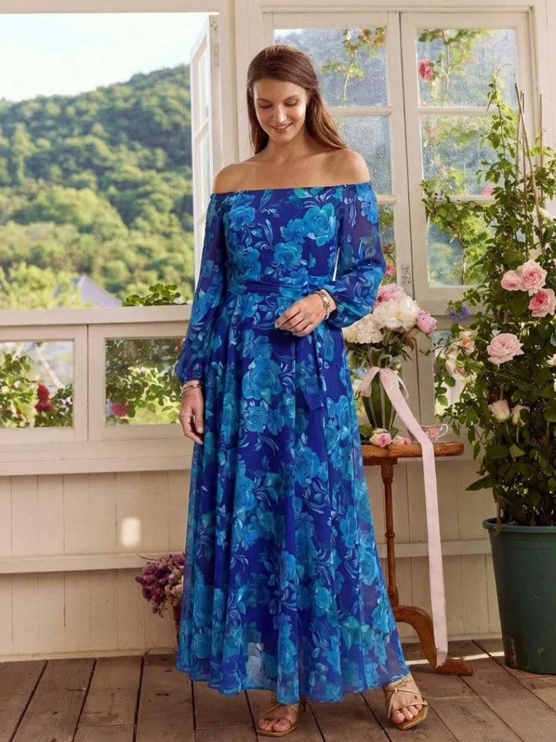 Elegant Blue Floral Fall Wedding Guest Dress for Women with Off Shoulder Long Sleeve Sash Tie Flowing Style