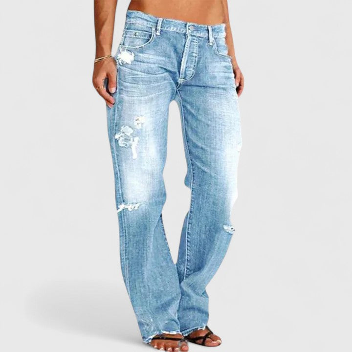 Effortless Blue Distressed Wide Leg Jeans for Women with High Waist Ripped Frayed Hem Casual Style