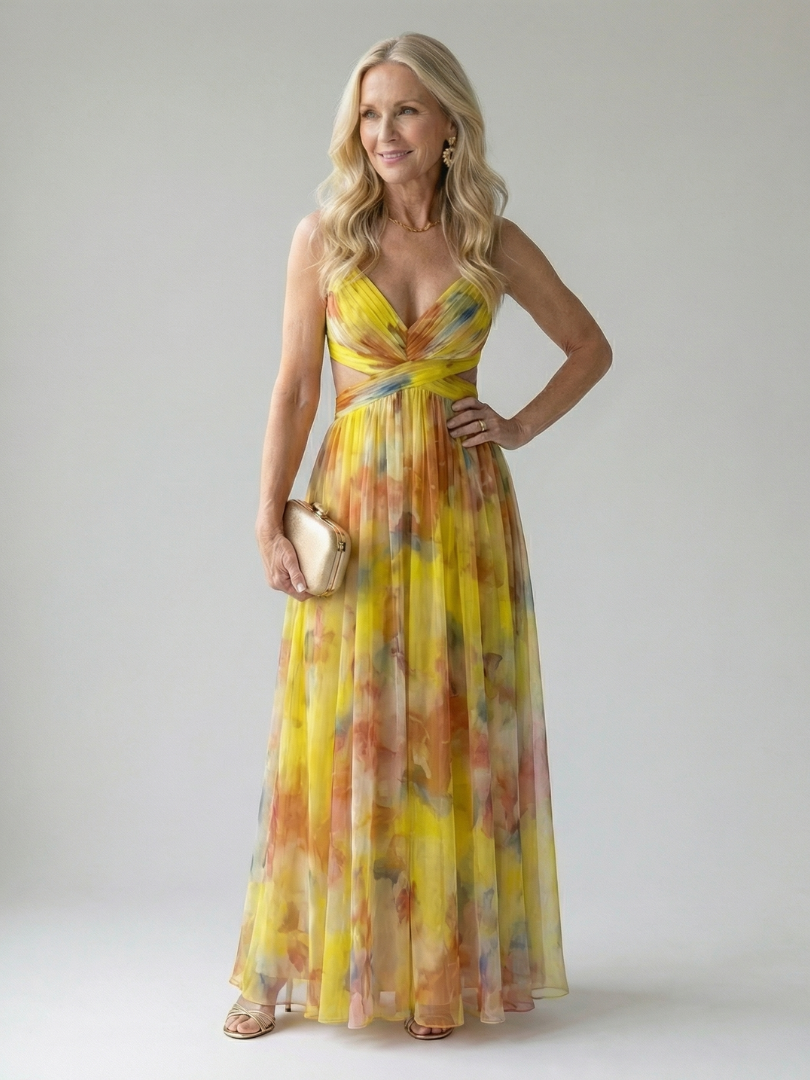 Effortless Watercolor Floral Maxi Dress for Women with V Neck Sleeveless Ruched Flowing Autumn Wedding Guest Style