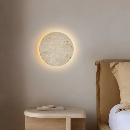 Stone Wall Lamp Round Travertine Backlit LED Minimalist Indoor Sconce Wall Light