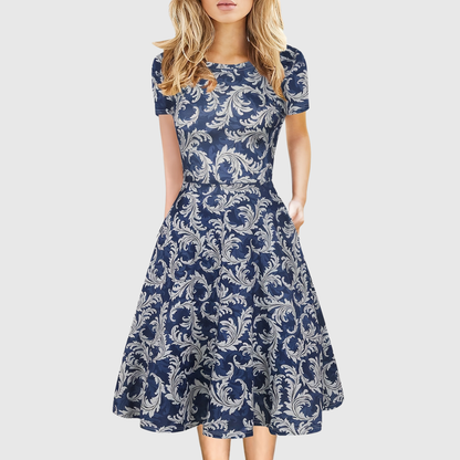 Elegant A Line Dress for Women with Round Neck Short Sleeve Fit and Flare Midi Casual Retro Style