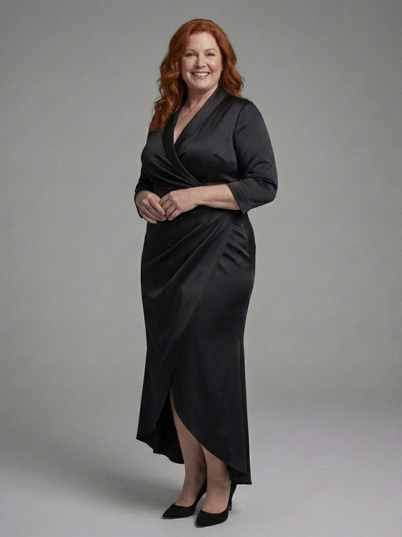 Elegant Ivory Satin Cocktail Dress for Women with V Neck Elbow Sleeve Wrap High Low Formal Style