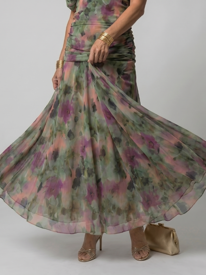 Elegant Purple Dress for Women with V Neck Flutter Sleeve Floral Ruched Maxi Wedding Guest Style
