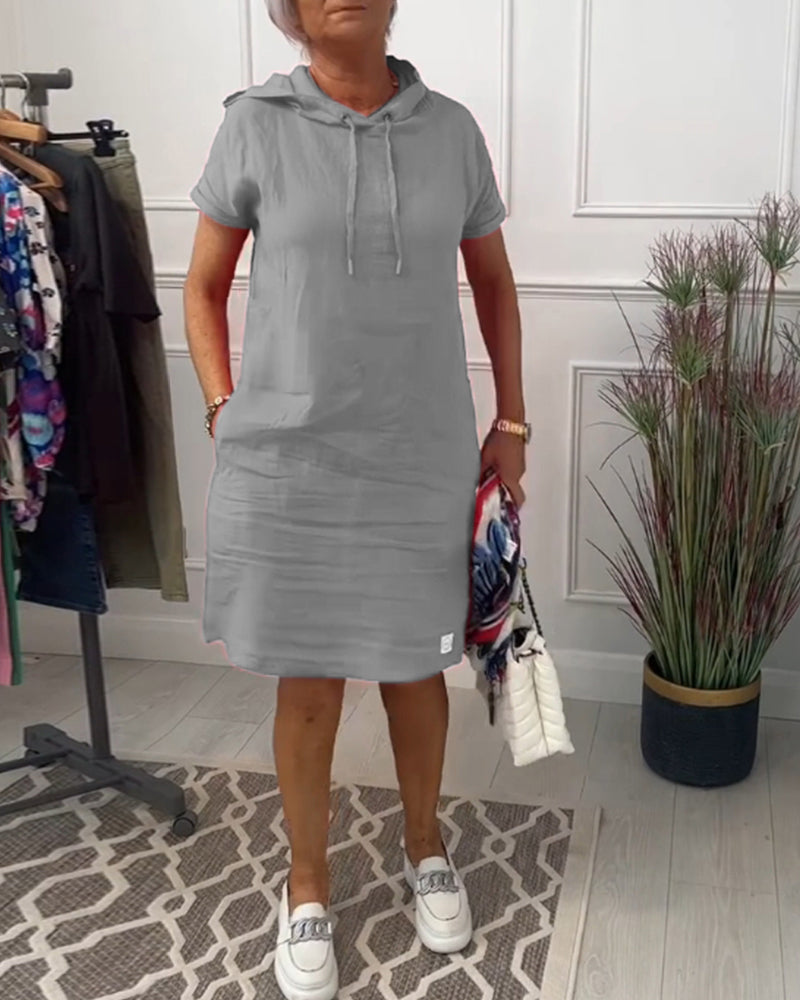 Comfortable Coral Hoodie Dress for Women with Drawstring Hood Short Sleeve Relaxed Shift Casual Style