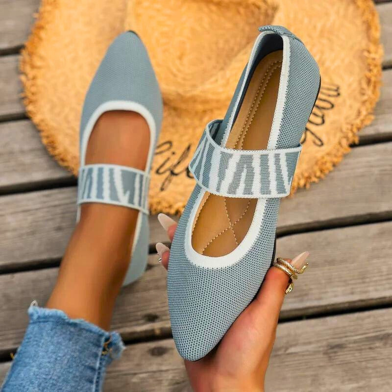 Comfortable Mary Jane Shoes for Women with Pointed Toe Knit Strap Flat Slip On Style