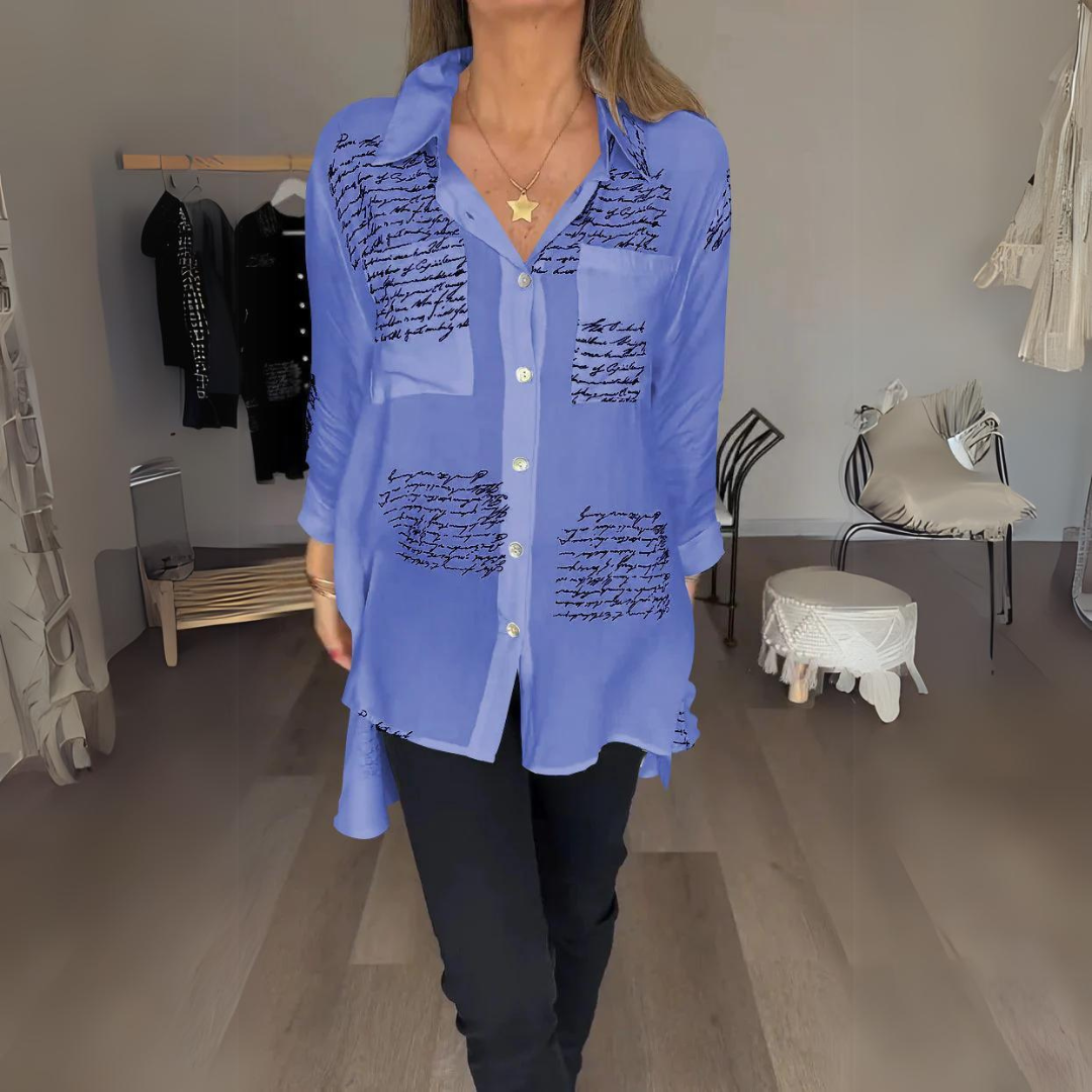 Effortless Script Print Shirt for Women with Collar Long Sleeve Oversized Casual Style