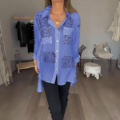Effortless Script Print Shirt for Women with Collar Long Sleeve Oversized Casual Style