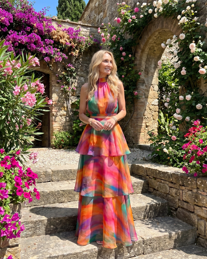 Elegant Blue Tie Dye Two Piece Set for Women with Halter Neck Tiered Ruffle Maxi Skirt Wedding Guest Style