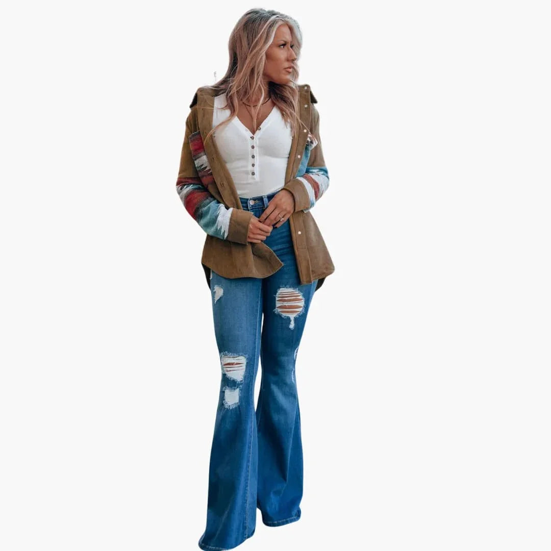 Effortless Brown Corduroy Shacket for Women with Spread Collar Long Sleeve Aztec Panel Oversized Style