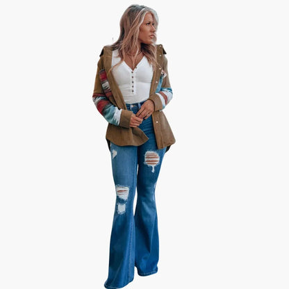 Effortless Brown Corduroy Shacket for Women with Spread Collar Long Sleeve Aztec Panel Oversized Style