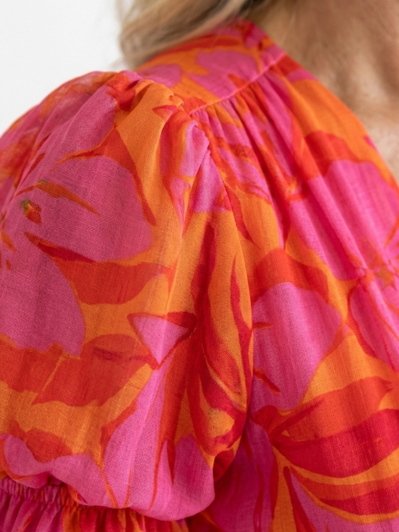 Elegant Pink Orange Floral Fall Wedding Guest Dress for Women with V Neck Puff Sleeve Button Front Flowing Style