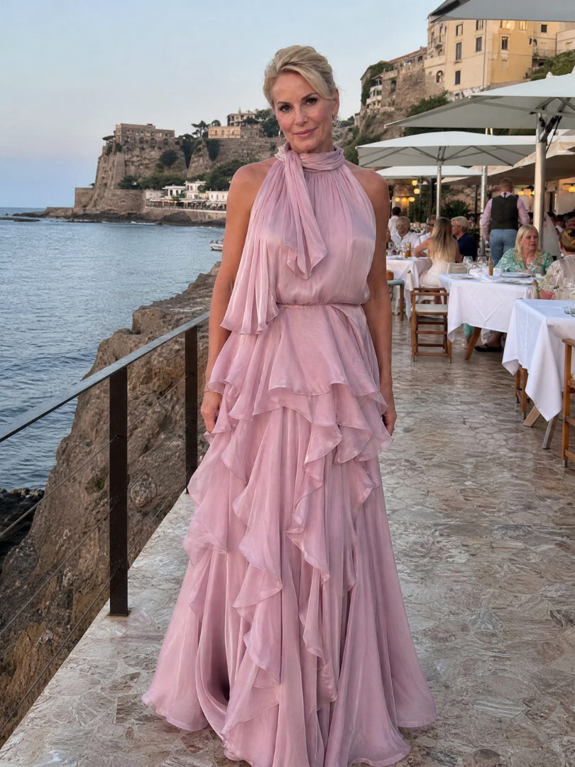 Elegant Maxi Dress for Women with Halter Neck Ruffle Tiered Skirt Satin Sleeveless Wedding Guest Style
