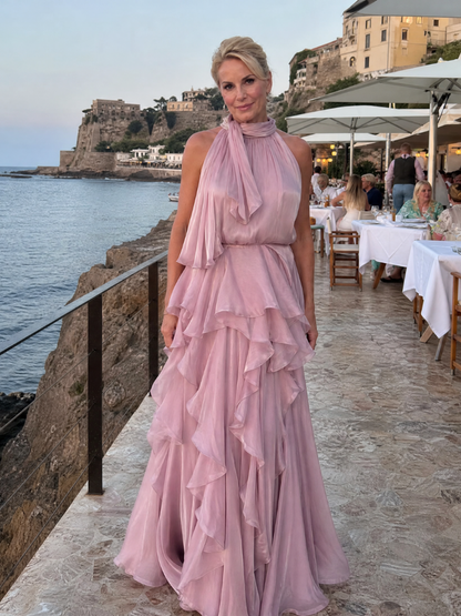 Elegant Maxi Dress for Women with Halter Neck Ruffle Tiered Skirt Satin Sleeveless Wedding Guest Style