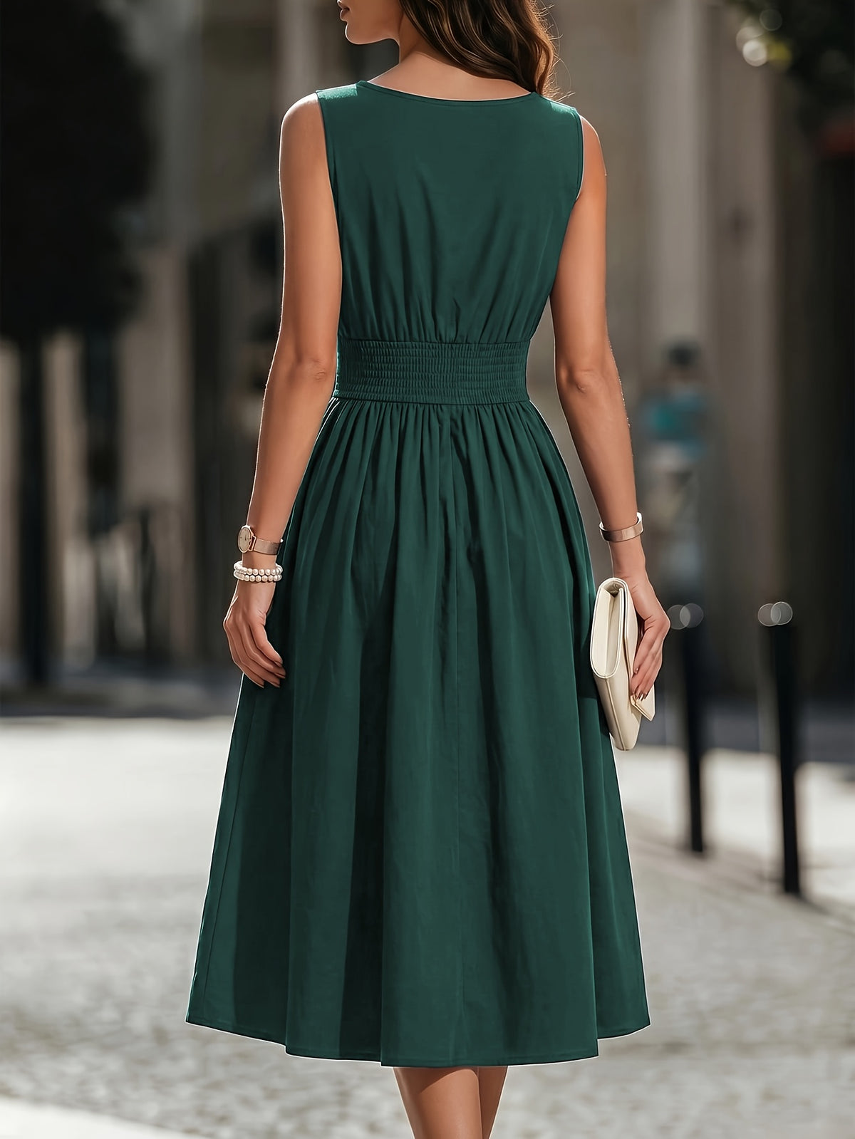 Refined Semi Formal Dress for Women with Round Neck Sleeveless Shirred Waist Fit and Flare Midi Party Style