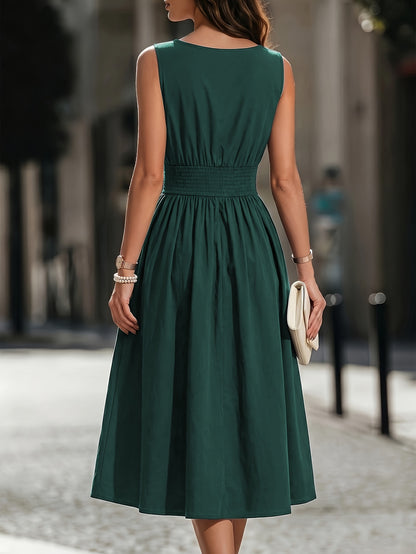 Refined Semi Formal Dress for Women with Round Neck Sleeveless Shirred Waist Fit and Flare Midi Party Style