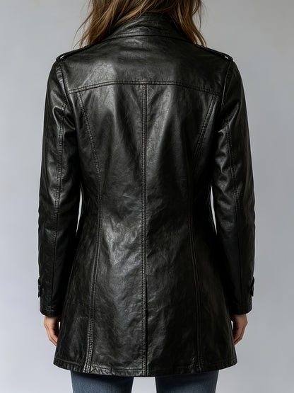 Chic Black Faux Leather Jacket for Women with Stand Collar Zip Front Fitted Casual Style