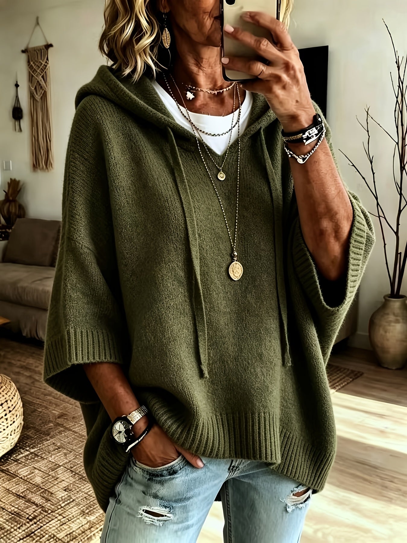 Comfortable Knit Oversized Hoodie for Women with Hooded Neck Half Sleeve Batwing Relaxed Style