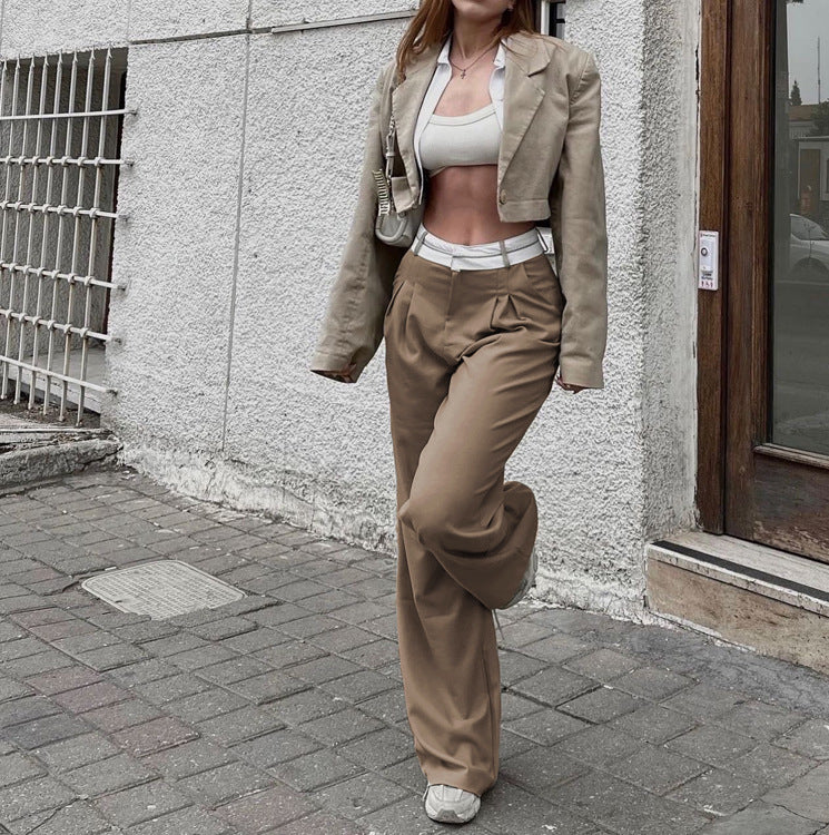 Effortless Wide Leg Pants for Women with High Waist Contrast Waistband Pleated Tailored Style