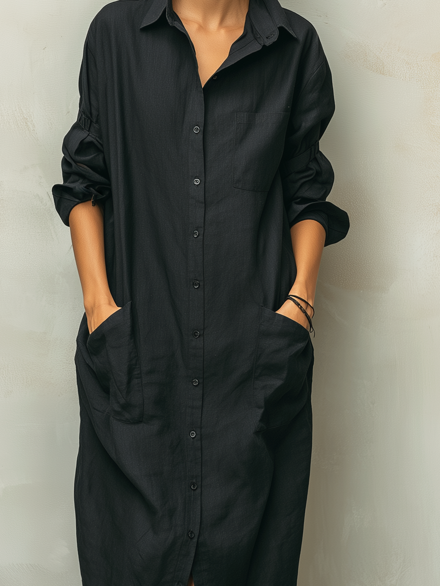 Effortless Black Shirt Dress for Women with Collared Neck Button Front Long Sleeve Linen Casual Maxi Style