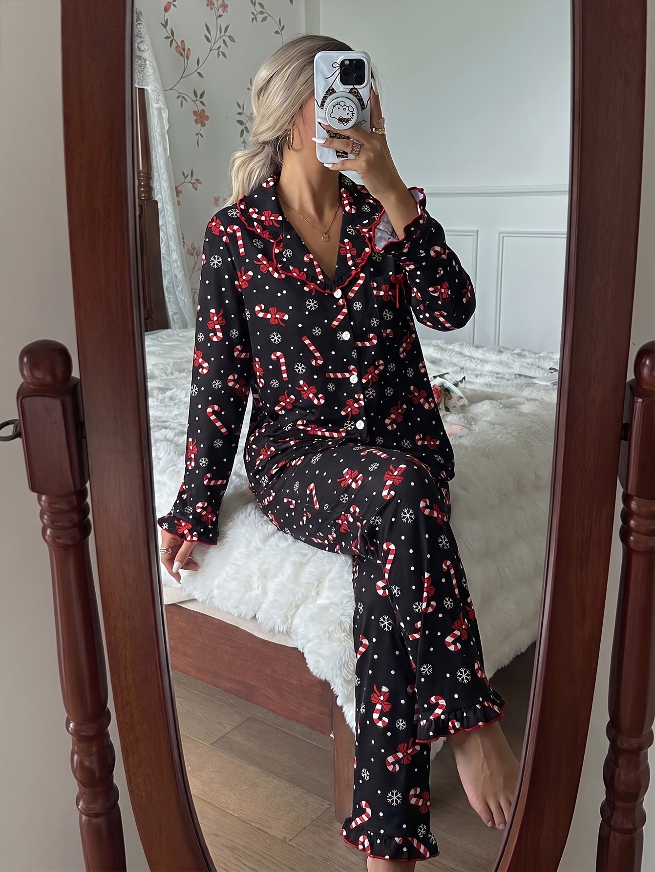 Cozy Black Candy Cane Print Christmas Pajamas for Women with Notch Collar Long Sleeve Ruffle Trim Relaxed Style