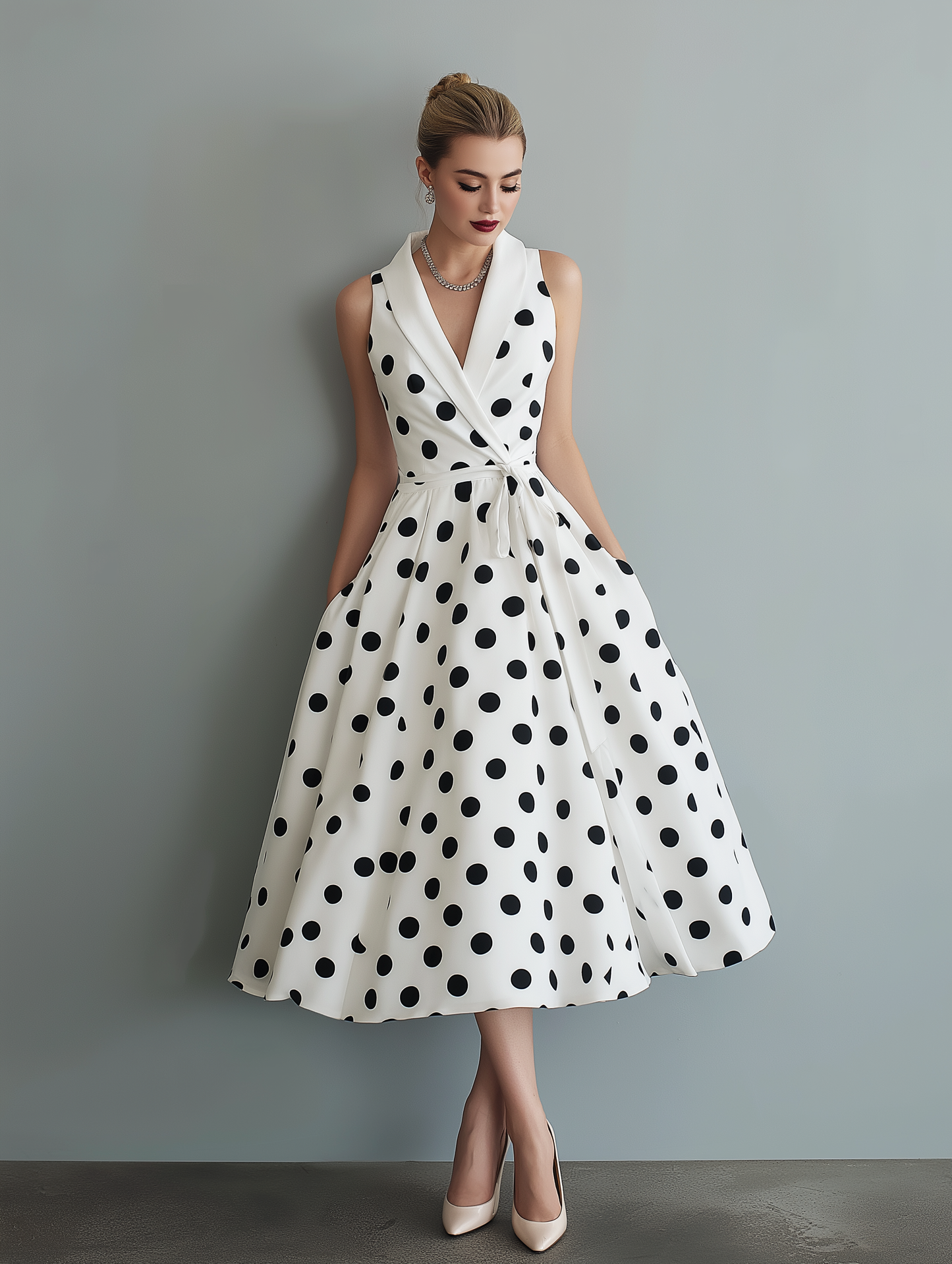 Elegant Black and White Polka Dot Midi Dress for Women with Wrap V Neck Tie Waist Sleeveless Flared Casual Style