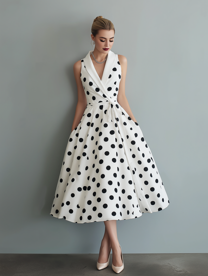 Elegant Black and White Polka Dot Midi Dress for Women with Wrap V Neck Tie Waist Sleeveless Flared Casual Style