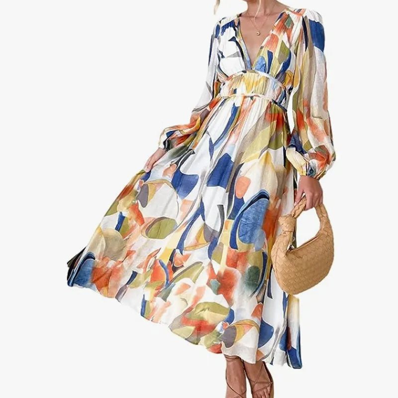 Effortless Floral Midi Dress for Women with V Neck Balloon Sleeve Smocked Waist Flowing Bohemian Style