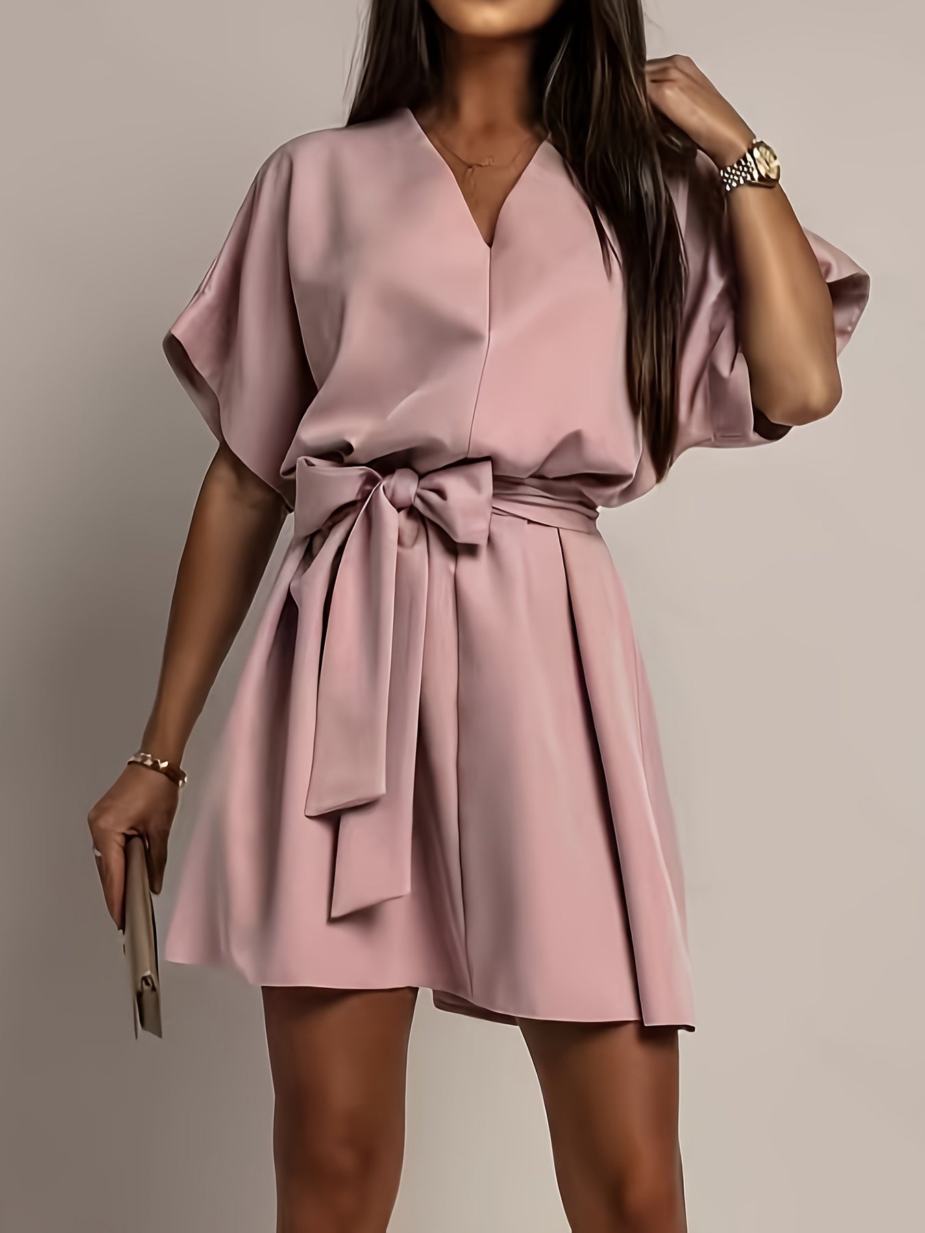 Elegant Light Pink Dress for Women with V Neck Batwing Sleeve Belted Flowing Style
