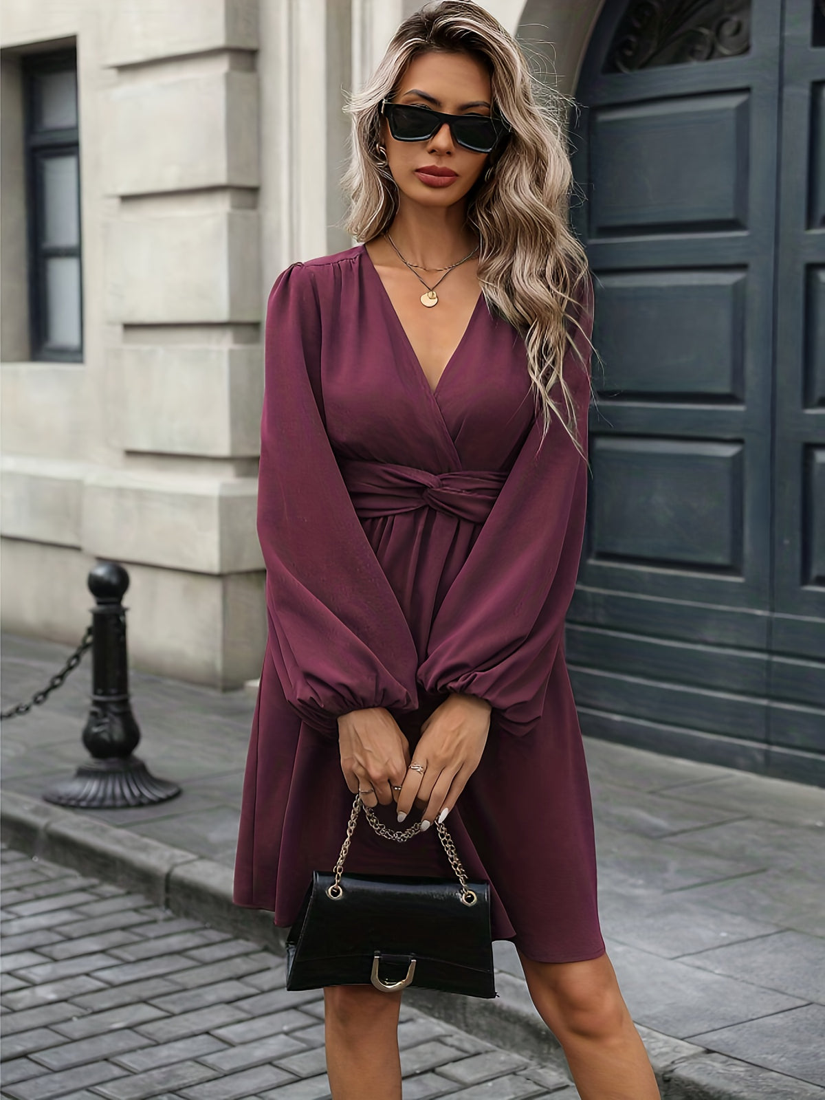 Elegant Wine Long Sleeve Mini Dress for Women with V Neck Lantern Sleeve Wrap Waist Flowy Style