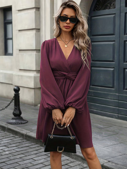 Elegant Wine Long Sleeve Mini Dress for Women with V Neck Lantern Sleeve Wrap Waist Flowy Style