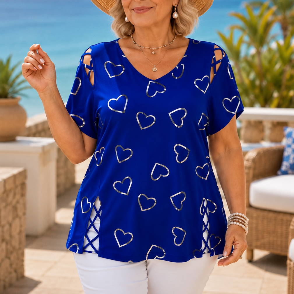 Effortless Heart Print Tunic Top for Women with V Neck Short Sleeve Cutout Shoulder Casual Style