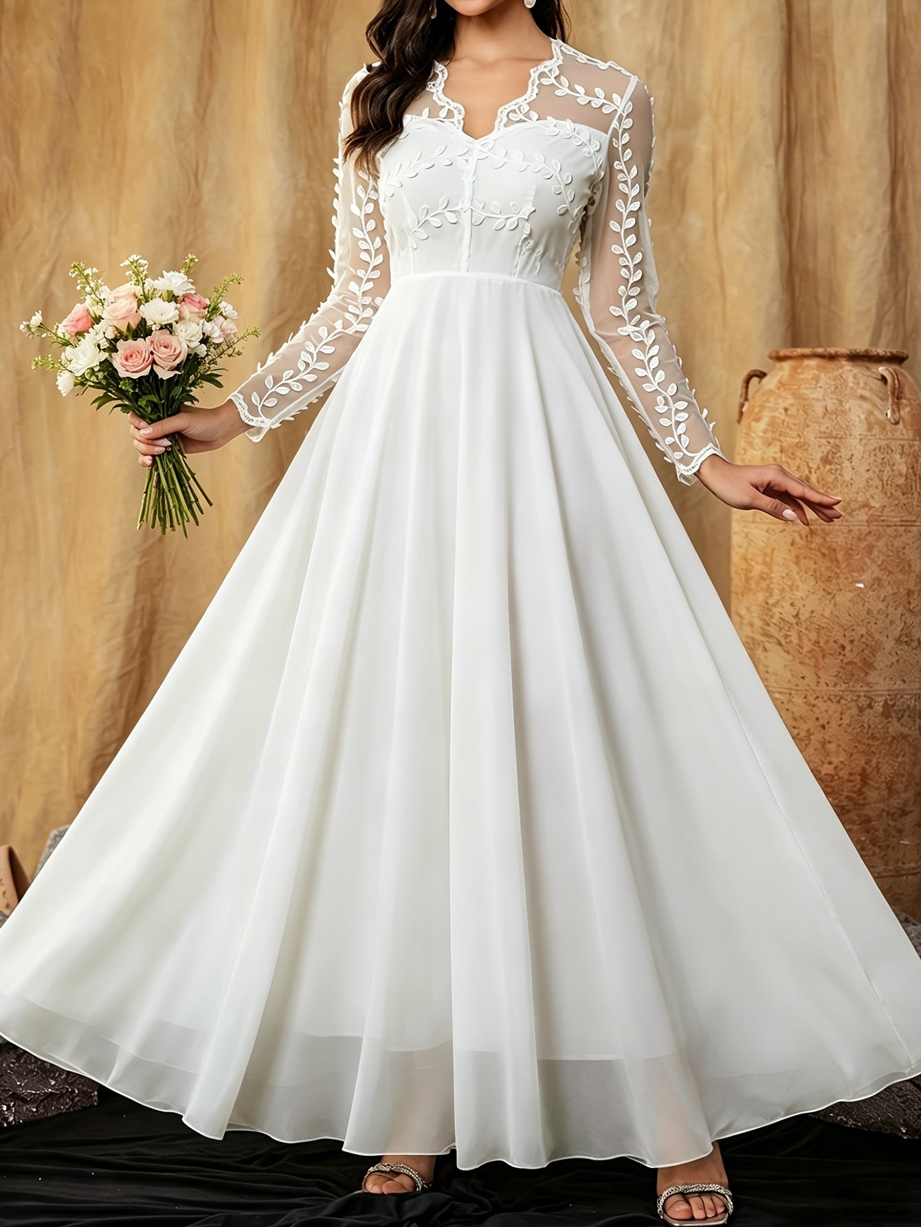 Elegant White Lace Wedding Gown for Women with V Neck Long Sleeve Sheer Applique Flowing Style